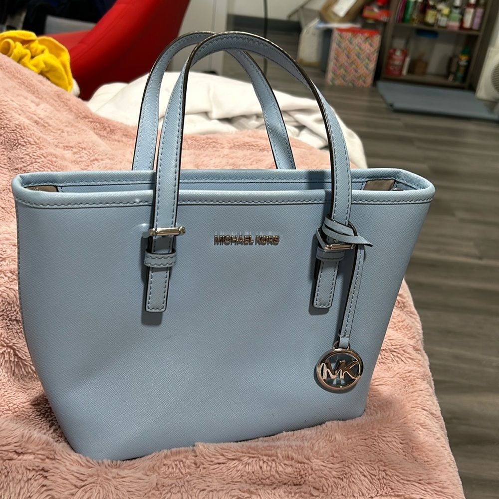 Michael Kors Baby Blue Purse small tote with shoulder extension strap